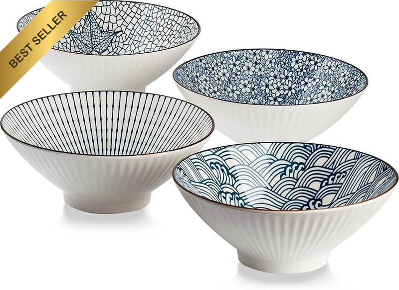 4Pcs Japanese Ramen Bowls 38Oz 8In Blue White Ceramic Noodle Soup Bowls