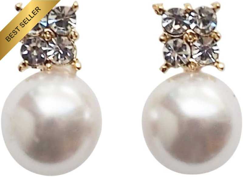 Women’s Wedding White Pearl Square Rhinestone Crystal Clip On Stud Earrings Gold