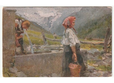 arte in cartolina - L. Bazzaro - Acqua fontis - mamma figlia bambina montagna