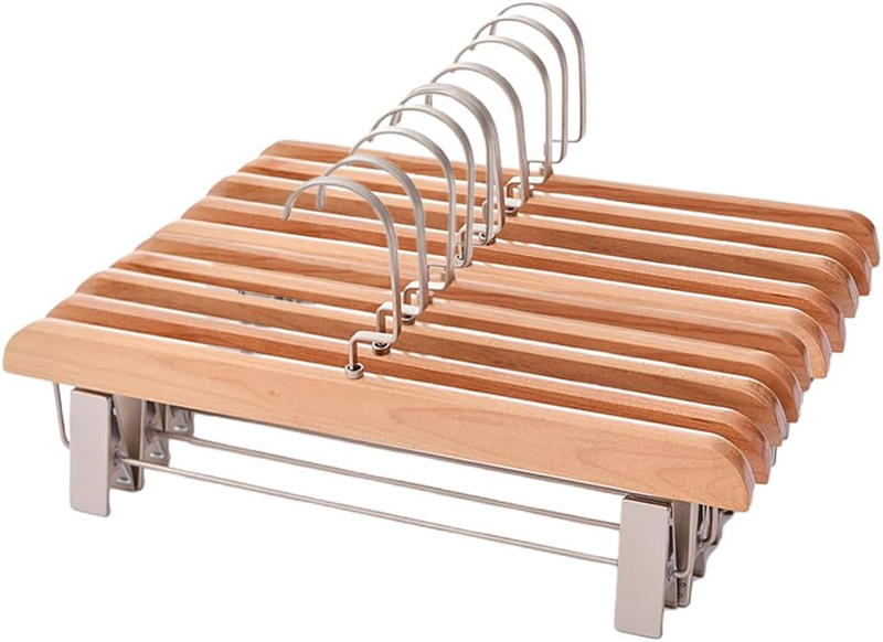 10PCS Wooden Pants Hangers 13.7In with Adjustable Clips and Rotatable Nickel Hoo