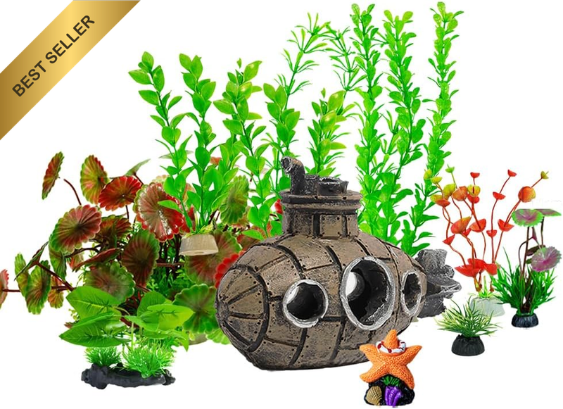 Fish Tank Decorations, 11Pcs Artificial Fish Tank Plants and Submarine and Starf