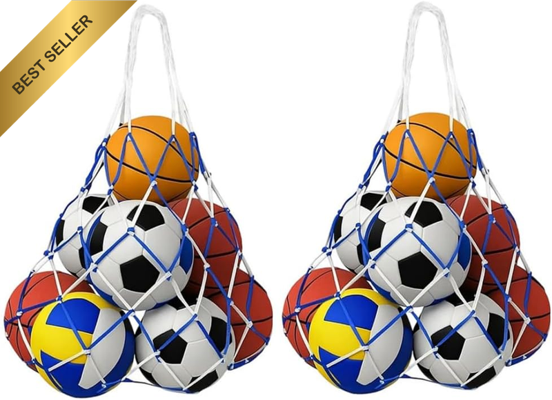White and Blue Basketball Storage Mesh Net Bag, 2Pcs Portable Sports Balls Stora