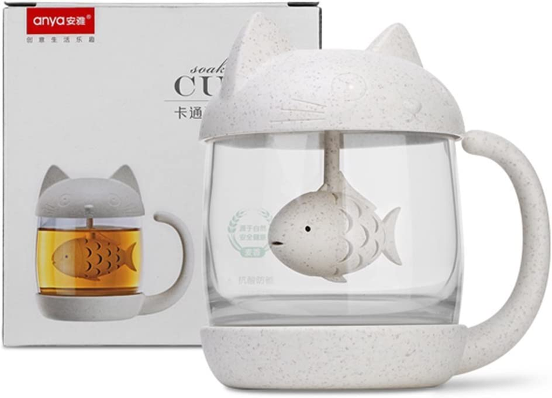 Cute Cat Glass Cup Tea Mug with Fish Tea Infuser Strainer Filter