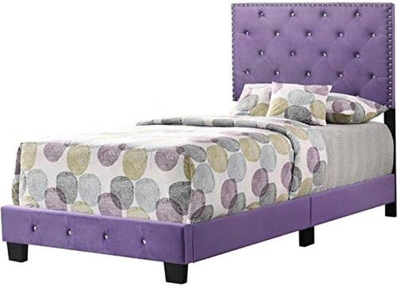 Modern Velvet Upholstered Twin Bed with Faux Jewels in Purple