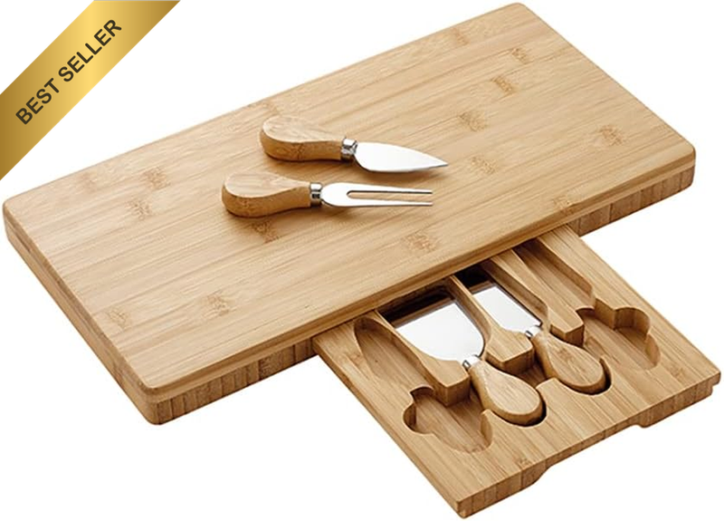 Fromagerie Rectangle Serving Set Bamboo Material Cheese Board with Knives, 4 Pie
