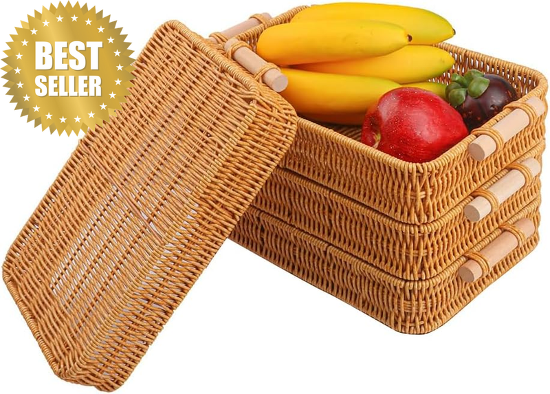4 Pack Rectangle Rattan Tray, Woven Serving Basket with Wooden Handle, Bread Bas