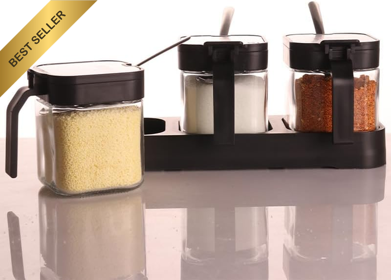 Glass Condiment Jar Set, 8Oz Clear Container with Lids and Spoons, Set of 3, Kit