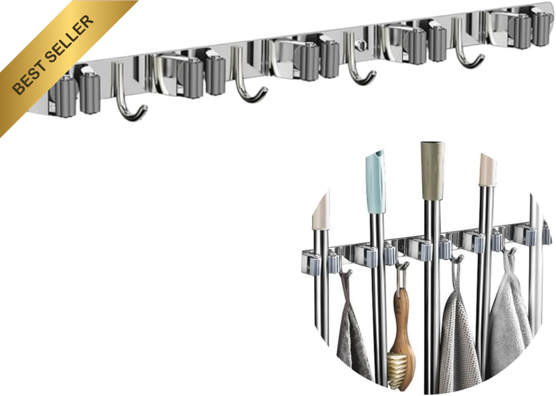 5 Racks and 4 Hooks Mop and Broom Holder Wall Mount,304 Stainless Steel,Self Adh