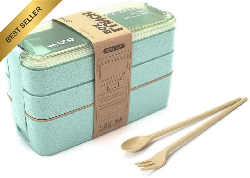 Str-Eco-Friendly Compact Bento Lunch Box Set with Spoon, 3-In-1 Compartment Stac