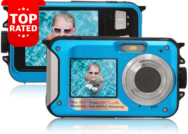 Dual Screen Waterproof Camera 2.7K 48MP 10Ft 16X Zoom Blue for Teens Beginners