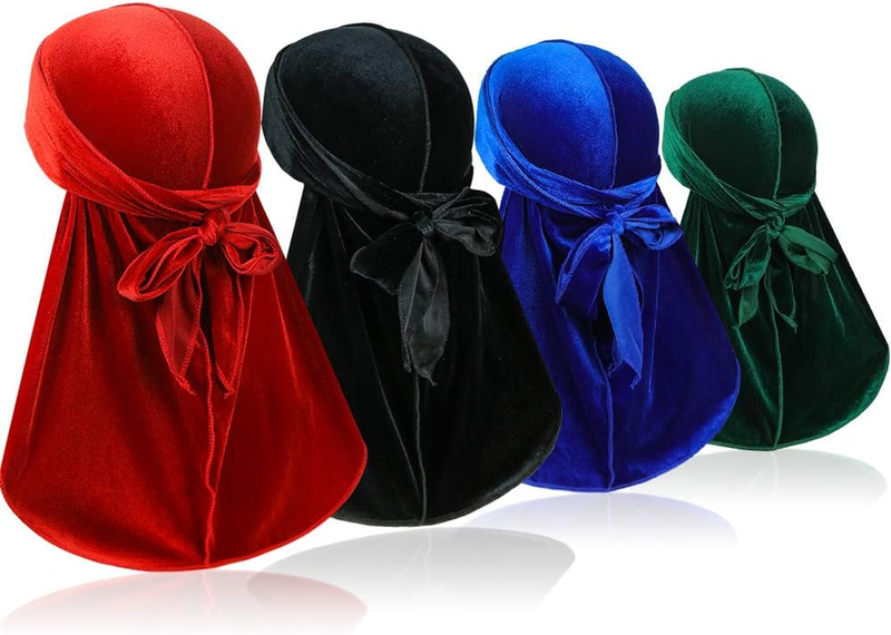 4 Pieces Men Velvet Durag with Long Tail Silky Durag 