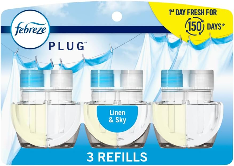 Plug in Air Freshener, Odor-Fighting Scented Oil Refill, Air Fresheners for Home and Bathroom and Kitchen, Long Lasting for Strong Odors, Linen & Sky Scent, 0.87Oz Refills, 3 Count (Pack of 1)