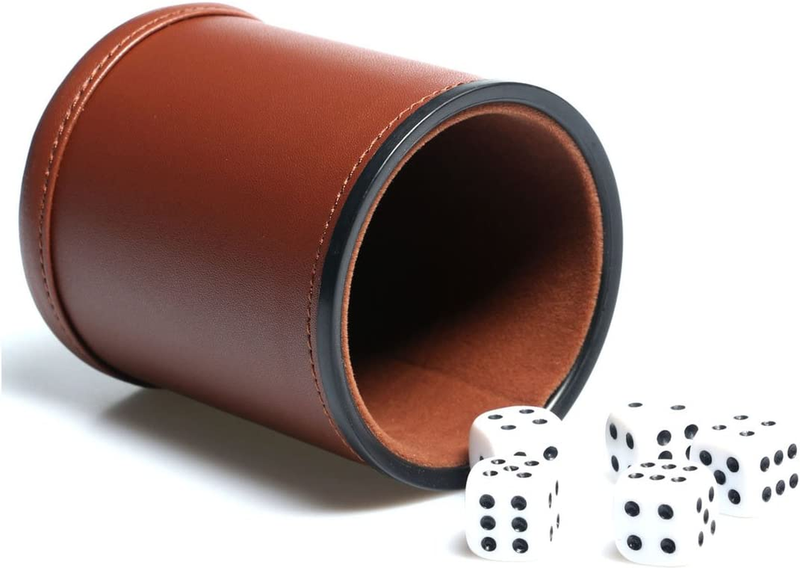 Leather Dice Cup Set with 5 Dice, Felt Lined Quiet Shaker Yahtzee Farkle