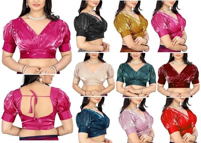 Women's Organza Blouse V-Neck Puff Sleeve Readymade Saree Bl