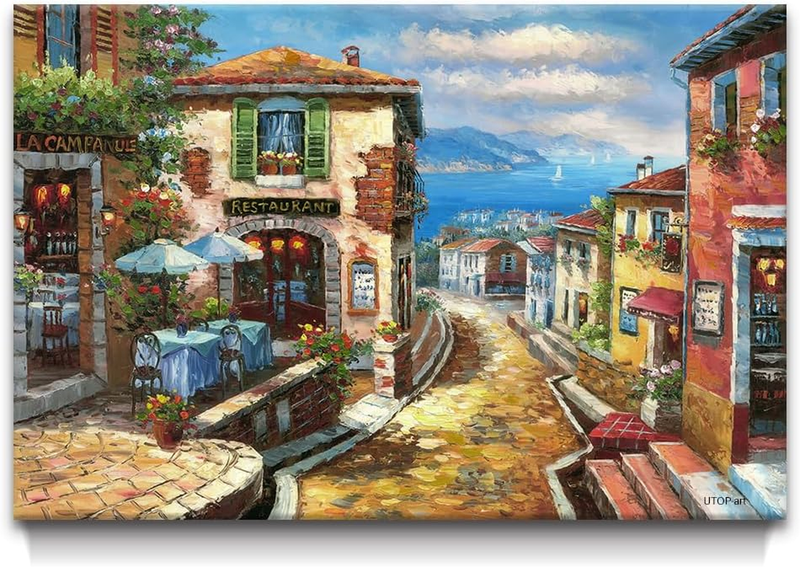 イタリア 風景画 F10 油絵 oil painting art Coastal Cityscape Oil Painting Artwork: Italian Town Canvas