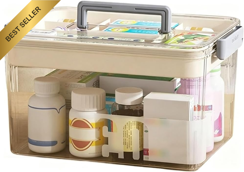 Portable Medicine Storage Box with Handle, Clear First Aid Box, Multi-Compartmen