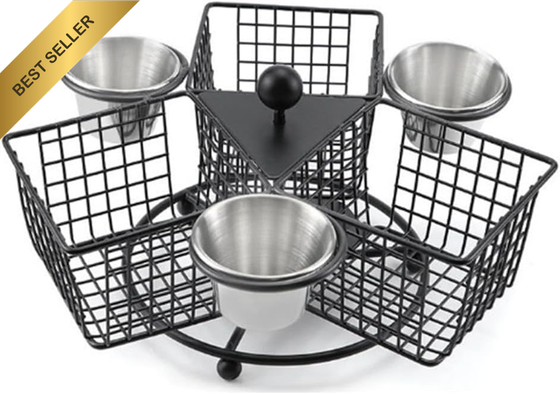 Rotating Fry Basket Divided Compartments Steel Wire Basket for Chips, Chicken, S