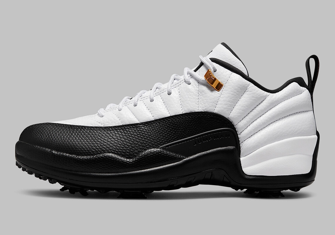 

Мужские кроссовки Nike Air Jordan XII 12 Low G Golf Taxi, белый, черный, золотой DH4120-100, Air Jordan 12 Low Golf