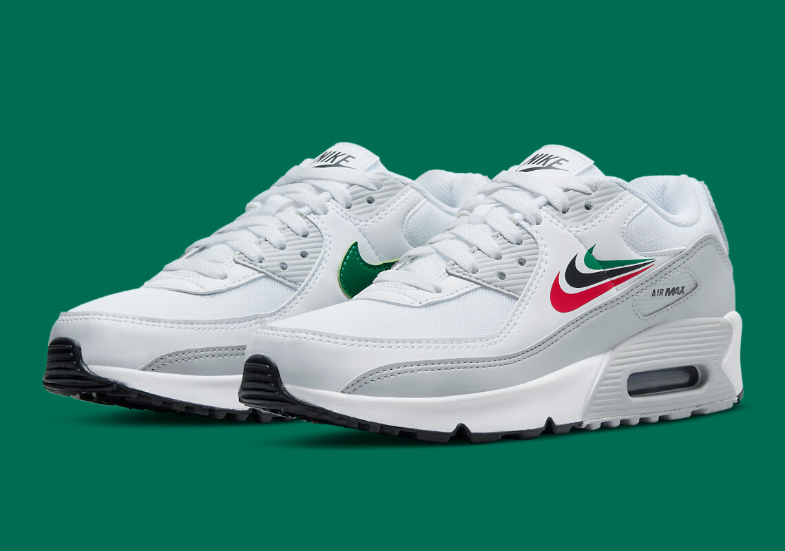 

Женские кроссовки Nike Air Max 90 GS Multi Swoosh, белые, малахитово-красные, DV3032-100, 6,5 лет = 8, Белый, Nike Air Max 90