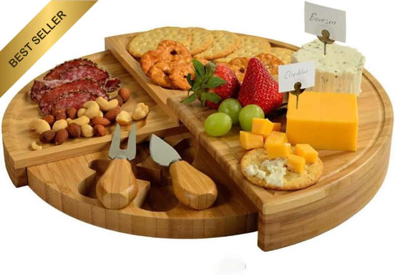 Bamboo Rotating Cheese Board Set, Reversible Charcuterie Platter with Stainless
