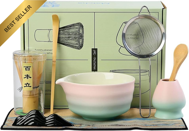 8Pcs Matcha Whisk Set Ceramic Matcha Bowl with Spout,Spoon, Sieve,Stirrer Holder