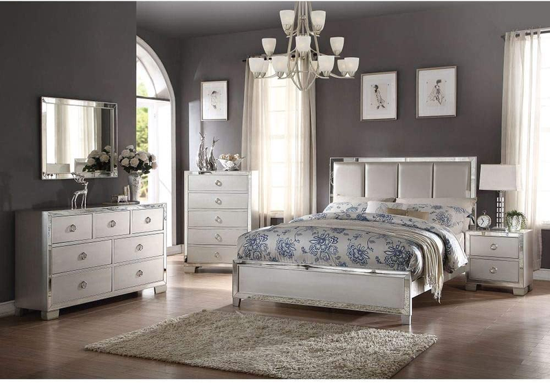 Queen Size Platform Bed Frame with Mirrored Headboard and Footboard, Deluxe PU U
