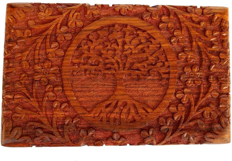 Indian Wooden Handcarved Tree Pattern Jewelry Storage Holder Box Gift for Women
