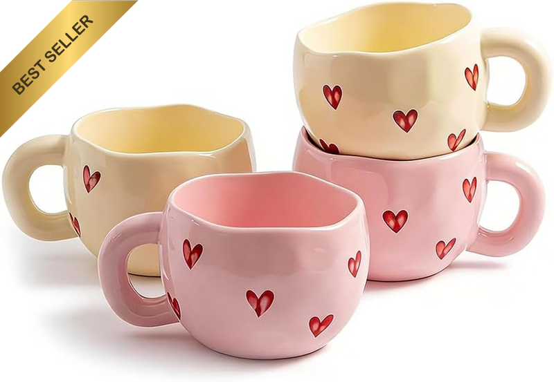4 Pack Cute Ceramic Coffee Tea Cup with Handle, Heart Matcha Mug Set, Unique and
