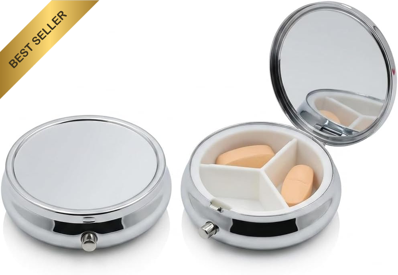 2 Pack round Metal Pill Case, Portable Mini Silver Medicine Holder with 3 Compar