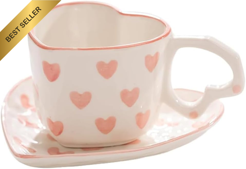 Ceramic Coffee Cups Set,Cute Tea Cups,Pink Heart Coffee Cup and Saucer Set,Milk