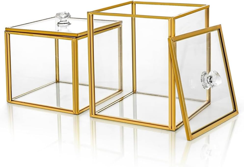 2 Pack Square Apothecary Jar with Lid, Gold Bathroom Containers, Countertop Stor