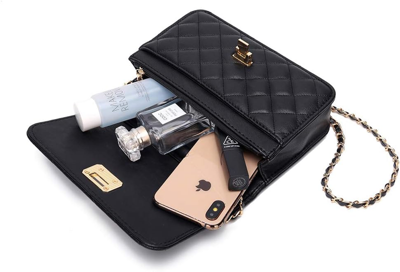 Women Black Quilted Purse Lattice Clutch Small Crossbody Shoulder Bag with Chain
