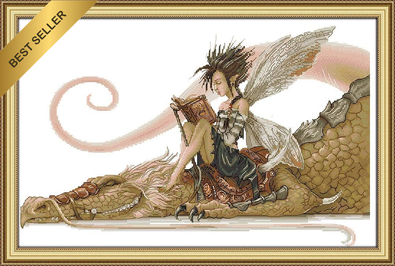 the Girl Sits on the Dragon Reading a Book Counted Cross Stitch Kits,Cross-Stitc