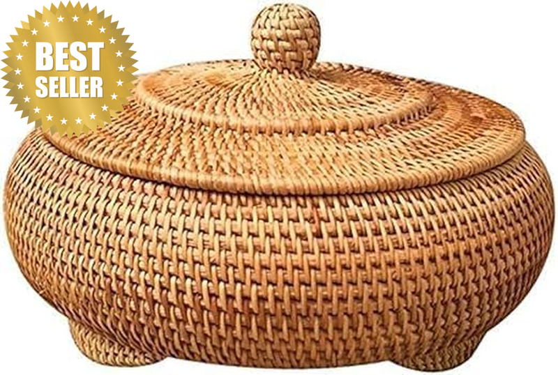 Round Rattan Boxes with Lid Hand-Woven Multi-Purpose Wicker Tray 8.6Inch Picnic
