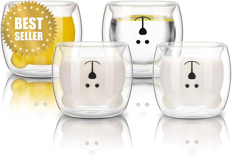 Bear Mugs Cute Set of 4, Adorable Double-Walled Insulated Glass Mugs, for Hot Wa
