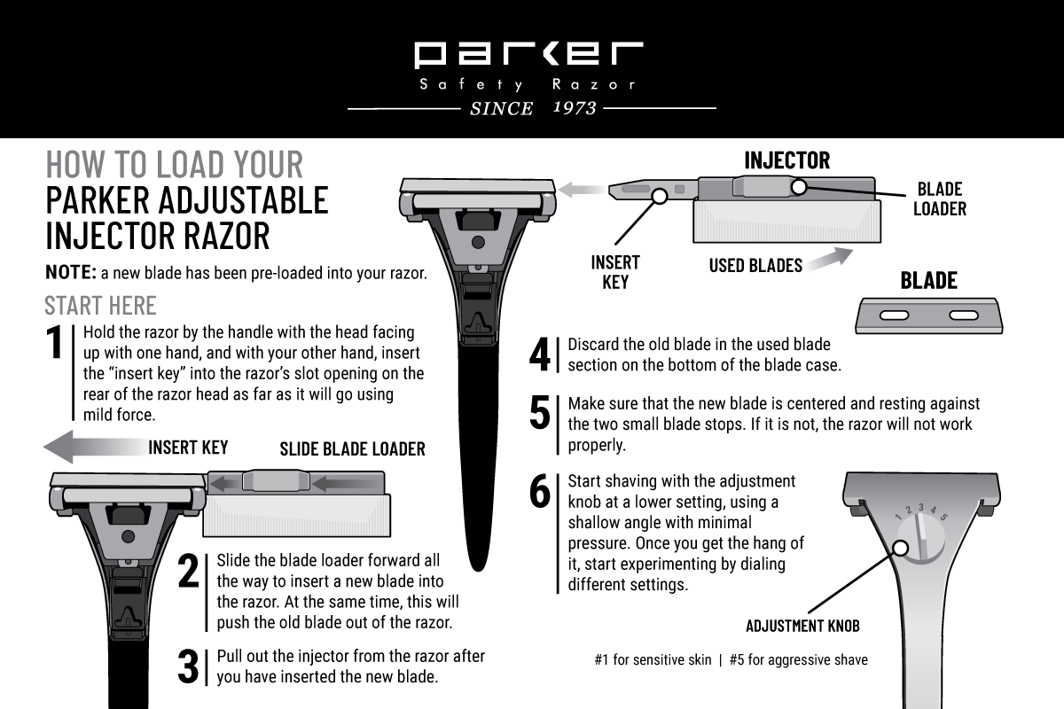 Parker Adjustable Injector Razor with 20 Injector Razor Blades - New Model 