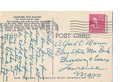 LACE WORK IN IRON, NEW ORLEANS, LOUISIANA, LINEN POST CARD MAILED IN 1954