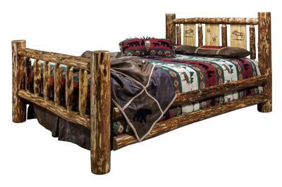 Amish Log Bed CA KING Rustic Cabin Beds Woodburning Etching Design on Headboard