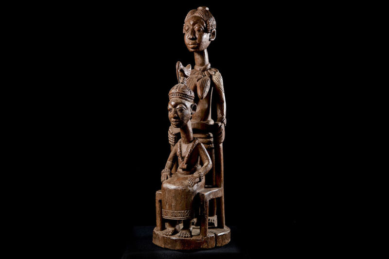 Yoruba Statue with Two Figures 26" - Nigeria - African Art