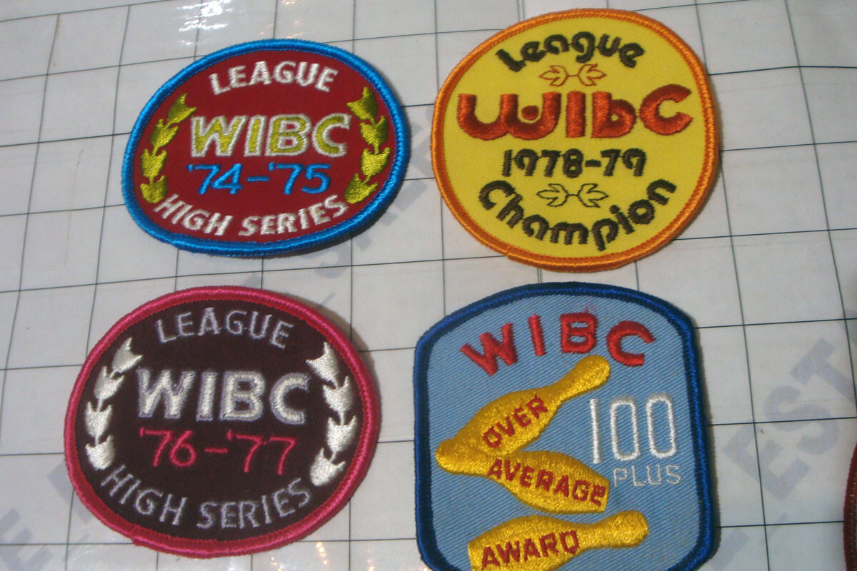 4x vtg WIBC BOWLING LEAGUE bowling cloth patches sew-on iron-on 1970s patch set