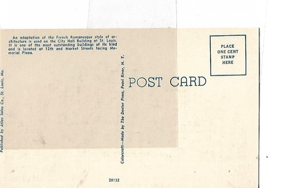 CITY HALL AT ST. LOUIS, MISSOURI, 1940'S LINEN POST CARD.