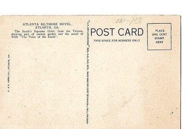 ATLANTA BILTMORE HOTEL, ATLANTA, GEORGIA, 1940'S LINEN POST CARD