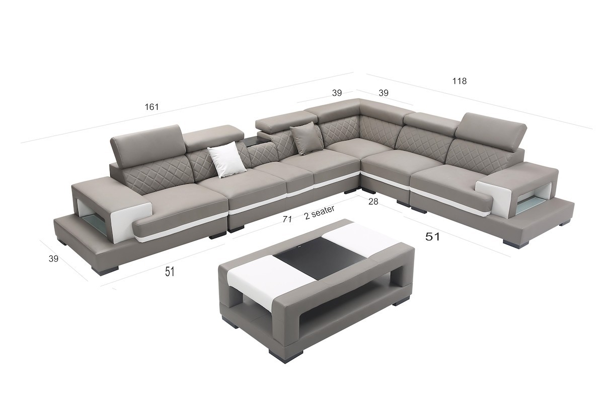 Bernal Sofa Sectional in 2-Tone Leather w/ Coffee Table Modern Style