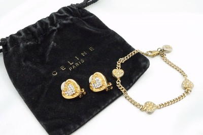 CELINE Vintage Bracelet Earrings 2 Set Heart Rhinestone Gold 9985j