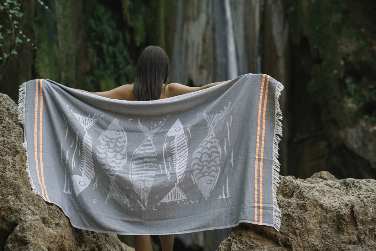 Fish Design Turkish Beach Towel Gray