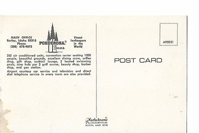 PONDEROSA INNS, BURLEY, IDAHO,OLD STYLE CARS, 1960'S POST CARD