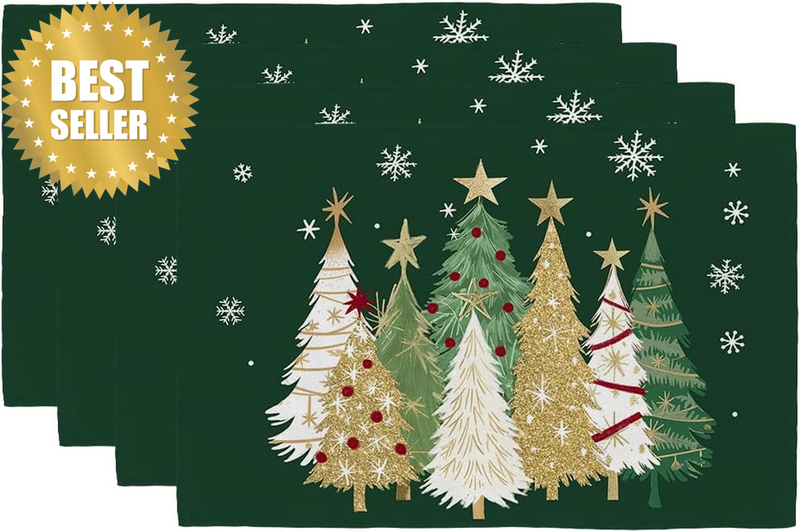 Christmas Placemats 12X18 Inch Set of 4, Xmas Trees Snowflakes Winter Seasonal H