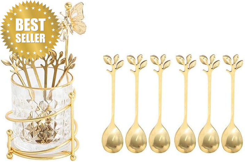 6PCS Coffee Spoons Set with Glass Holder,Small Stainless Steel Gold Tea Spoons,M