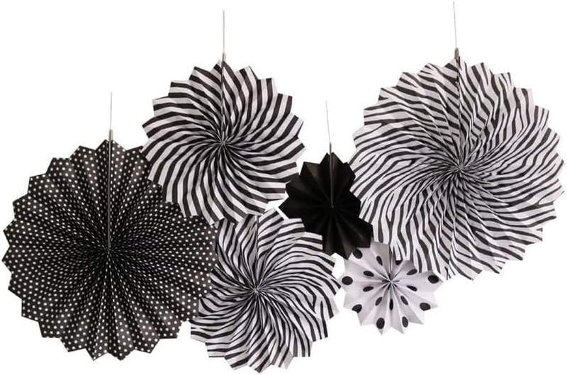 6Pcs Black White round Paper Fans Set - Decorative Pattern Folding Fan Garlands