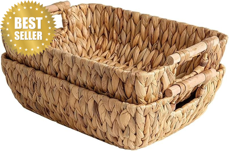 Natural Rattan Storage Basket, Rectangular Handwoven Storage Basket with Handle,